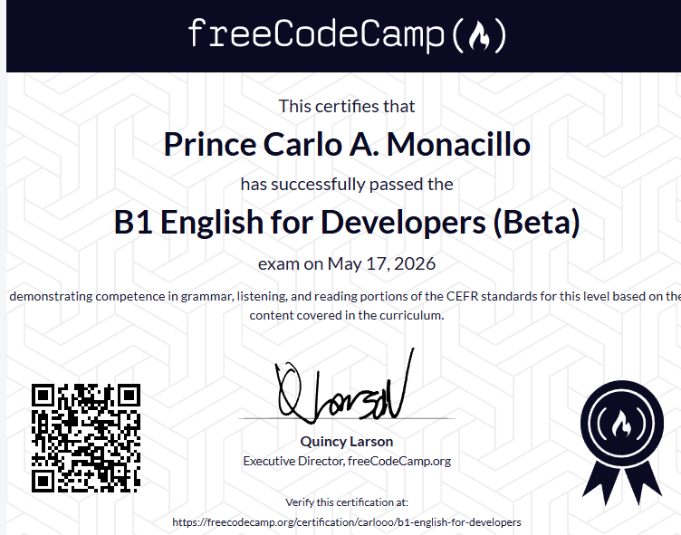 freeCodeCamp B1 English for Developers Certification